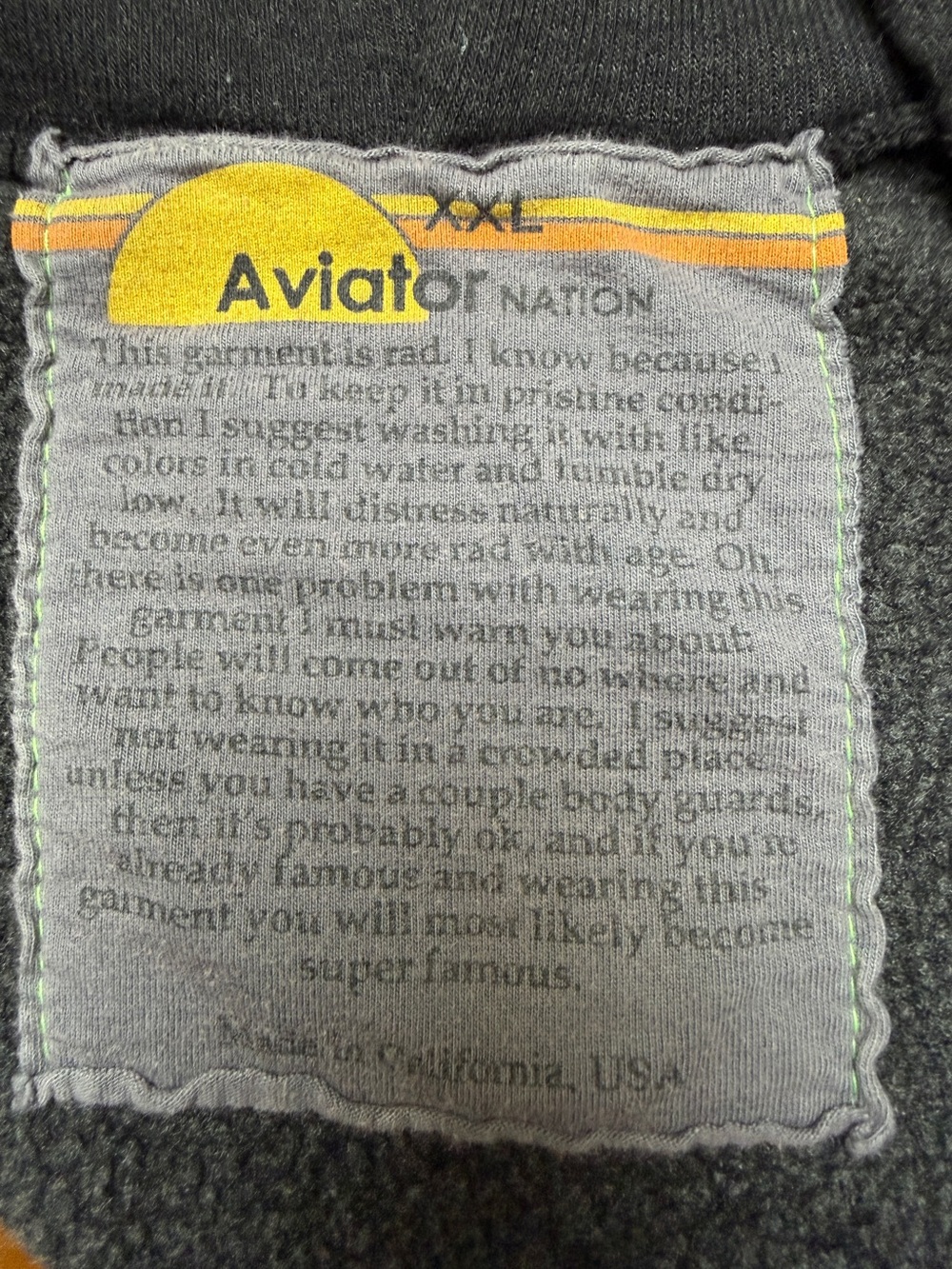Aviator Nation Zip Up Hoodie Black w/ 4 Stripe on Sleeves - XXL - Soft and Cozy! - Picture 9 of 12